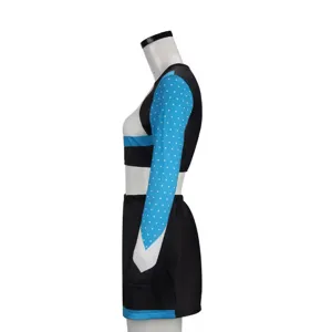 Cheerleader crop top and skirt set detail view, showcasing the stylish blue polka dot design.