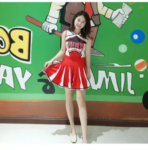 Cheerleading costume set for women, red white top and pleated skirt for dance performance.