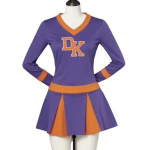 Lila-orangenes Cheerleader Kostüm, Langarmtop und Faltenrock für Sport Team Auftritt.