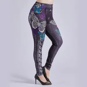 Leggings Reductores de Talle Alto para Mujer Moda Estampado de Mariposa Faux Denim Pantalón Skinny Pantalón Largo Casual