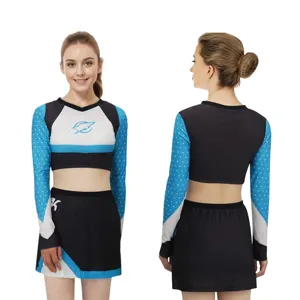 Cheerleader costume long sleeve crop top matching skirt blue white polka dot performance uniform