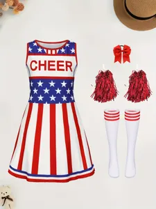 Meisjes Cheerleader Kostuum Onafhankelijkheidsdag Bedrukt Mouwloos Jurk Kinderen Podium Prestatie Outfit Cheer Feest Jurk
