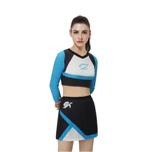 Women Girls Cheerleading Uniform Long Sleeve Crop Top And Skirt Set Stage Performance Costume