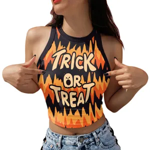 Halloween trick or treat print tank top front graphic detail close-up view stylish apparel.