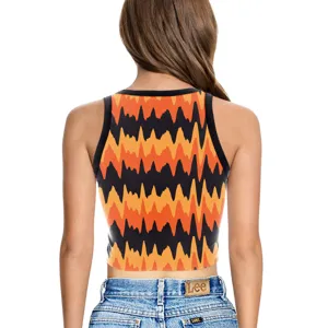 Women summer sleeveless crop top casual apparel abstract wavy printed tank back view