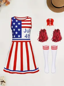 Kinderen Amerikaanse Onafhankelijkheidsdag cheerleader kostuum set met jurk en pompons.