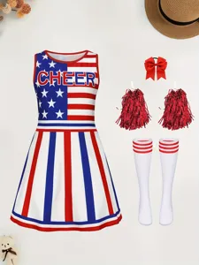 Kinder cheerleader kostuum set met USA vlag print jurk, pompons, haarstrik en sokken.