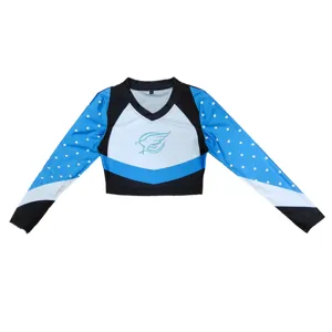 Haut court de pom-pom girl à manches longues avec motif pois bleu, blanc et noir.