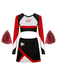 Girls cheerleading uniform set long sleeve crop top skirt with pom poms performance wear