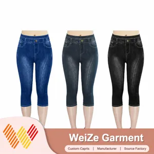 Women Casual High Waist Stretchy Faux Denim Print Capri Leggings Slim Fit Skinny Cropped Pants Basic Everyday Activewear