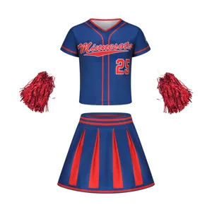 Kinder Cheerleading Uniform Set blau rot Baseballoberteil Faltenrock und Pompons für Mädchen.