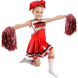 Παιδικό κόκκινο σετ στολής cheerleading για κορίτσια με φόρεμα, φιόγκο, πομ-πομ και κάλτσες.