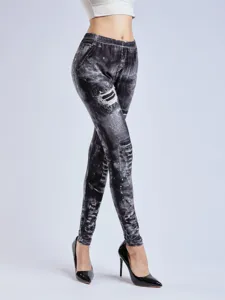 Detailed view of women high waist stretch digital print faux denim leggings slim fit pants.