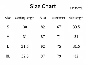 Cheerleader costume size chart details showing length, bust, waist and skirt measurements.