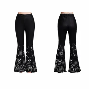 Women High Waist Micro Flare Pants Spring Summer Slim Fit Casual Long Trousers With Star Moon Print