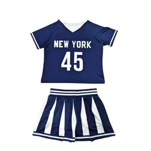 Close up view of the blue cheerleading costume top showing New York 45 print and V-neck.