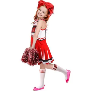Κόκκινο παιδικό σετ στολής cheerleader με φόρεμα, φιόγκο και pom poms για αθλητικές εκδηλώσεις.