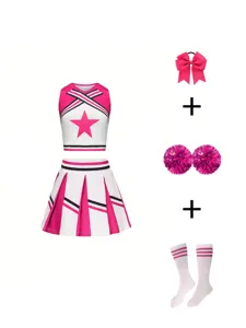 Set Costume da Cheerleader per Bambine Crop Top Gonna Plissettata con Pon Pon e Calzini