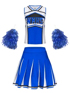 Set uniformis cheerleader me pliseta fousta kai mple pompon gia stage parastaseis.