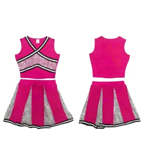Pink cheerleading costume set for women, sleeveless crop top and pleated skirt with sequin.