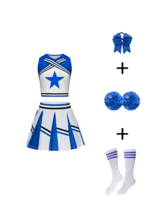 Dettaglio set da cheerleader, top blu bianco e gonna plissettata con accessori completi.