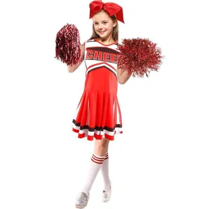 Σετ στολής cheerleader για παιδιά με κόκκινο λευκό φόρεμα φιόγκο και πομ πον αθλήματος.