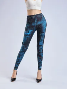 Women digital print faux denim leggings high waist elastic slim fit long pants detail