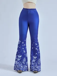 Detailed view of blue high waist micro flare pants with white celestial star and moon print.