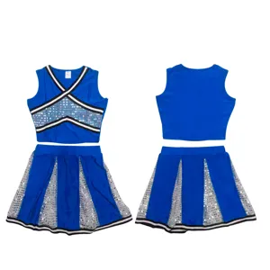 Blue cheerleading uniform set crop top and pleated skirt with sparkly sequins for stage show.