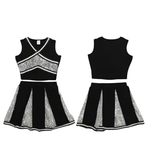 Black and silver sequin cheerleading uniform set featuring crop top and pleated skirt details.