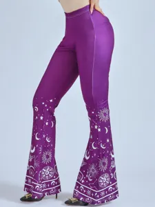High waist purple micro flare pants for women celestial sun moon stars print slim fit long trousers