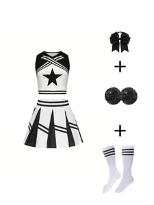 Set Costume da Cheerleader per Bambine Ragazze Top Corto Senza Maniche Gonna Plissettata Con Calzini Pon Pon Fiocco Vestito da Spettacolo