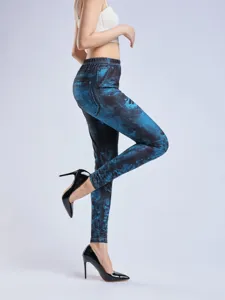 Detailed side view of high-waisted digital printed denim leggings, elastic slim fit.