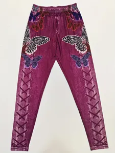 Women butterfly print high waist fitness yoga leggings fashion casual slim long pants.
