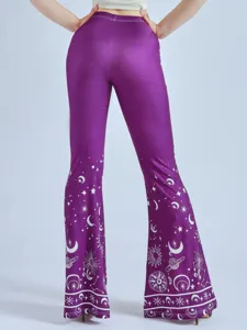 Women's high waist flare pants purple celestial print casual slim fit long trousers