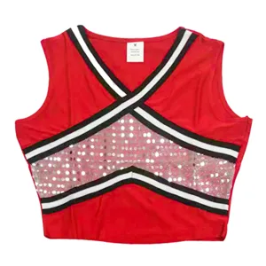Red crop cheerleading top with sequin panel and striped straps for women stage performance.