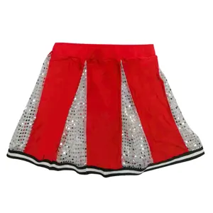 Red and silver sequin cheerleading skirt for women, vibrant stage performance costume apparel.