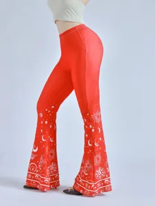 Women high-waisted flare pants slim fit trousers with celestial sun and moon print spring new