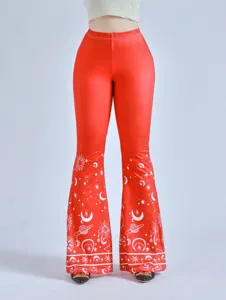 Red high waisted celestial print flare pants for women, slim fit bell bottom trousers.