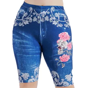 Damen High Waist Fälschung Jeans gedruckt Shorts mit Blumen Totenkopf Grafik Radlerhose
