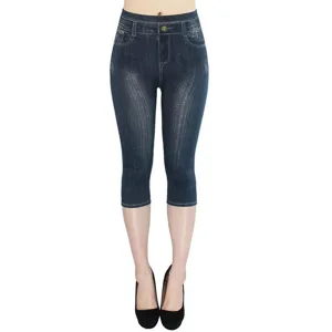 Stretch faux denim capri leggings high waist slim fit printed trousers for women