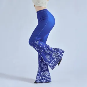 Women high waist flare pants celestial sun moon star print slim stretch bell bottom trousers