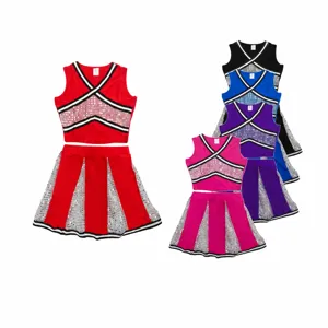 Women Cheerleading Uniform Set Sequin V-Neck Crop Top And Pleated Skirt Preppy Style Stage Performance Outfit Top And Bottom