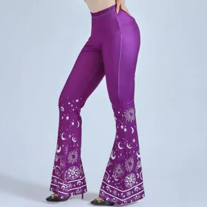 Women high waist purple flare pants with celestial sun moon print casual bell bottom trousers