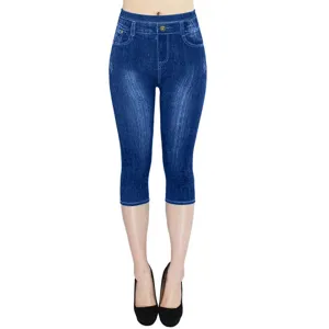 Women stretchy faux denim print capri leggings high waist slim fit casual cropped pants
