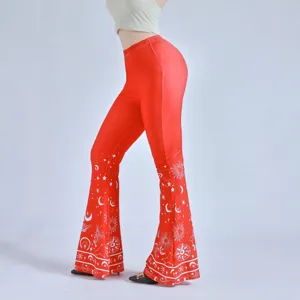 Women high waist flare pants with celestial sun moon print chic red bell bottom leggings.