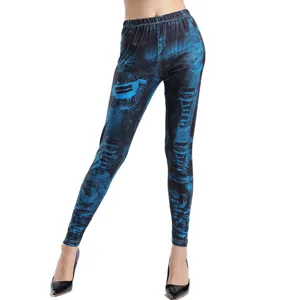 Women high waist digital print denim look leggings stretchy slim fit casual long pants.