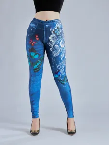 Women high waist stretch leggings with denim print and butterfly pattern for daily wear