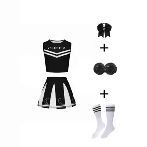 Kids cheerleader costume set black white crop top skirt bow socks pom poms performance