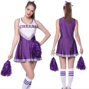 Women purple cheerleader costume set with top, skirt, pom poms and socks for stage show.
